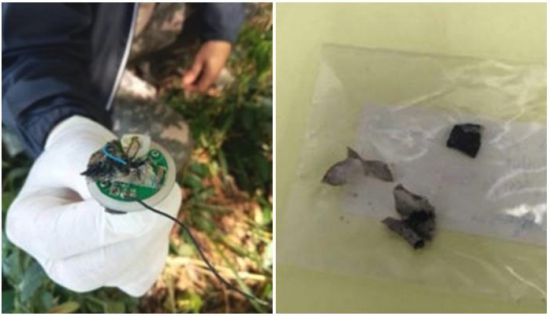 남성의 몸에서 나온 폭발한 전자담배 파편(오른쪽)과 사망 현장에서 발견된 전자담배 장치 일부. 태국 농부아람푸시 경찰서