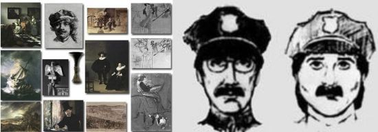 이사벨라 스튜어트 가트너 박물관에서 도난당한 13점의 그림(좌)과 범인 몽타주. 미 연방수사국(FBI)은 현재도 그림들을 추적하고 있다. FBI 홈페이지
