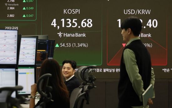 30일 서울 중구 하나은행 딜링룸 현황판에 코스피, 원·달러 환율 등이 표시돼 있는 모습.