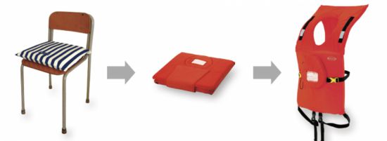 유사시에 구명조끼로 쓸 수 있는 몽벨의 우쿠션. 몽벨.