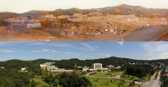 대전 대덕연구특구단지의 1호 입주 연구소가 한국표준과학연구원이다. 위는 1976년 설립 초기, 아래는 현재의 모습이다. 사진=한국표준과학연구원