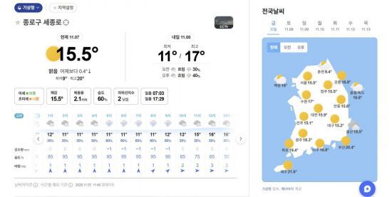 네이버의 날씨 알림. 네이버 화면 캡처