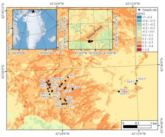 북그린란드 Sirius Passet 위치 및 식생 지도(NDVI map). 극지연구소 제공