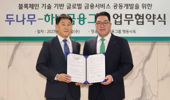 두나무는 지난 3일 하나금융그룹과 블록체인 기술을 활용한 금융서비스 공동 개발을 위한 업무협약을 체결했다. 왼쪽부터 오경석 두나무 대표와 이은형 하나금융그룹 부회장이 함께 협약서를 들고 기념촬영을 하고 있다. 하나금융그룹.