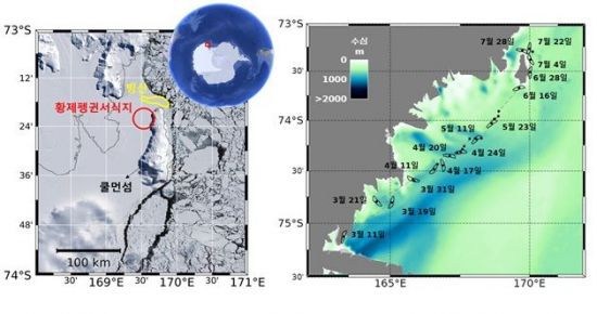 쿨먼섬 황제펭귄 서식지와 거대빙산 위치(왼쪽), 난센 빙붕에서 떨어져나온 빙산의 이동 경로(오른쪽). 극지연구소 제공