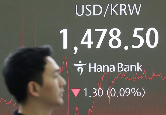 18일 오후 서울 중구 하나은행 본점 딜링룸 현황판에 원·달러 환율이 표시돼 있다. 연합뉴스