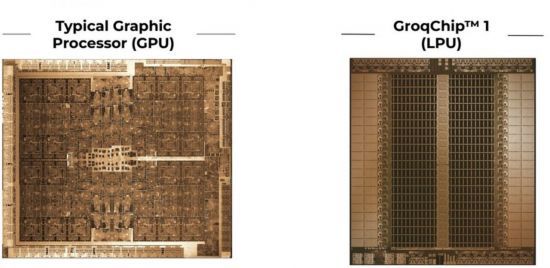 일반적인 그래픽처리장치(GPU)와 그로크 LPU의 차이점은 내부에 메모리 S램을 연결해 데이터 송신 속도가 빠르다는 점이다. 그로크 LPU 내부에 S램이 블록처럼 가지런히 배열된 모습. 그로크