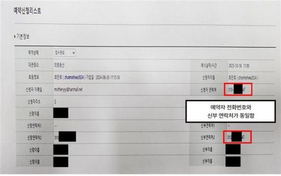 최민희 의원이 공개한 사랑재 예약신청 기본정보 화면. 사진제공=최민희 의원실.