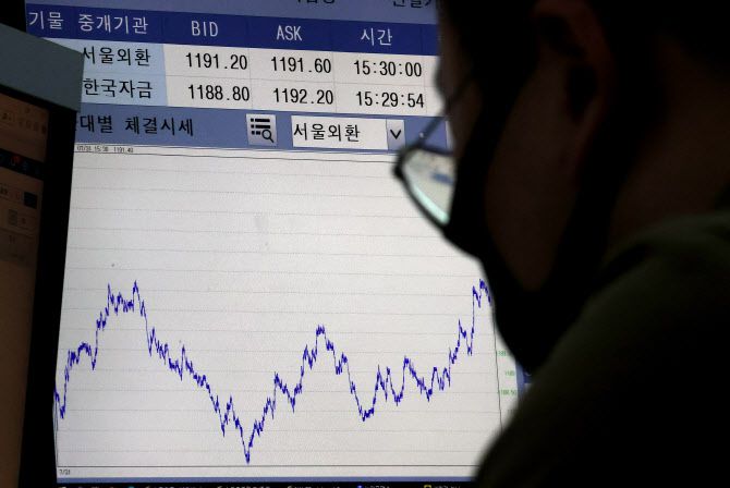 31일 오후 서울 중구 을지로 하나은행 본점 딜링룸에서 한 외환딜러가 컴퓨터 화면을 바라보고 있다. (사진=연합뉴스)