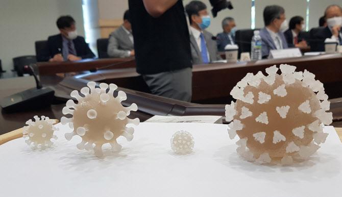 한국화학연구원이 3D 프린터를 이용해 만든 코로나19 바이러스(SARS-CoV-2) 모형이 9일 화학연 회의실에 전시돼 있다.(사진=연합뉴스)