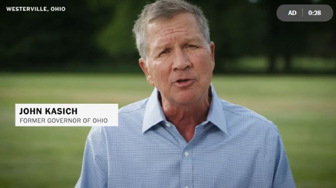 공화당 소속 존 케이식 전 오하이오 주지사가 17일(현지시간) 민주당 전당대회에 사전 영상으로 등장해 조 바이든 전 부통령을 지지하고 있다 (사진=뉴욕타임스 캡처)