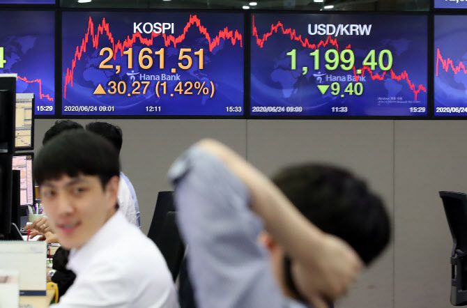 지난 6월 24일 오후 서울 중구 하나은행 딜링룸에서 딜러들이 대화하고 있다. (사진=연합뉴스)