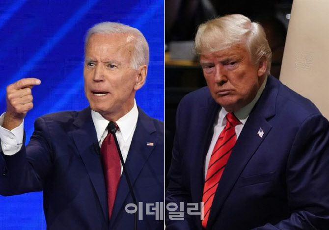 미국 여당인 공화당 대선후보인 도널드 트럼프(오른쪽) 미 대통령과 야당인 민주당 대선후보인 조 바이든 전 부통령. 사진=AFP