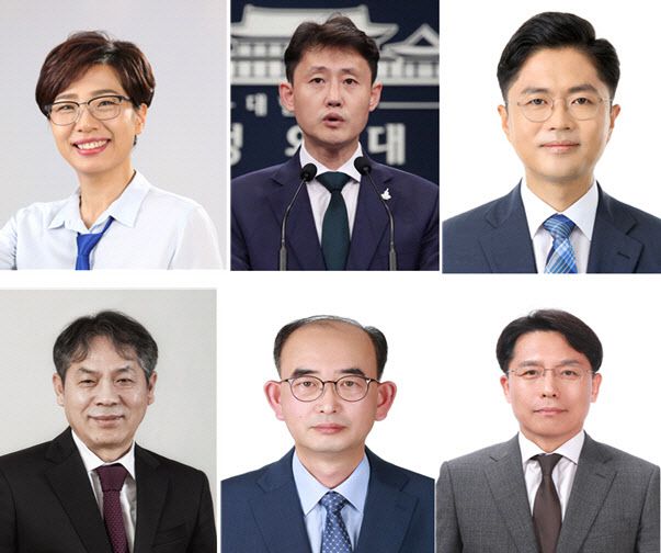 사진 왼쪽 위부터 시계방향으로 배재정 정무비서관, 윤재관 국정홍보비서관, 김광진 청년비서관, 노규덕 평화기획비서관, 장용석 안보전략비서관, 박진섭 기후환경비서관(사진=청와대)