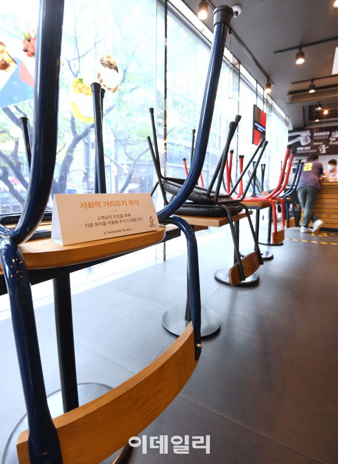 수도권에서 ‘사회적 거리 두기 2.5단계’가 시작된 지난 8월30일 서울 중구의 한 프랜차이즈 카페에 의자들이 쌓여 있다. (사진=이데일리 방인권 기자)