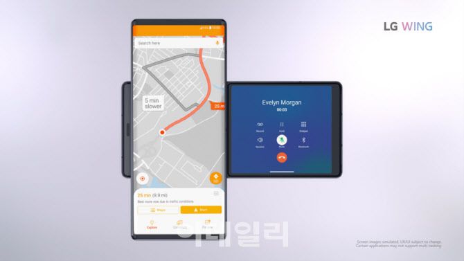 윙은 스위블(회전)모드에서 멀티 태스킹 사용경험을 제공한다. 내비게이션 화면에 방해받지 않고 전화를 받거나, 동영상을 시청하면서 웹서핑을 할 수 있다. (사진= LG전자)