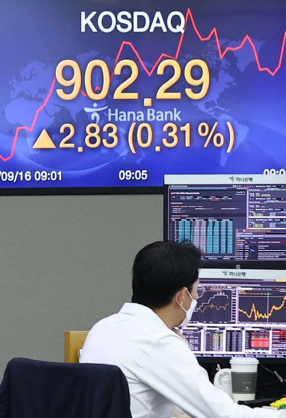 16일 코스닥 지수가 약 2년 5개월여만에 900선을 넘어 901.75에 개장했다. 사진은 이날 오전 서울 명동 하나은행 본점 딜링룸에 지수가 표시되고 있다. (사진=연합뉴스)