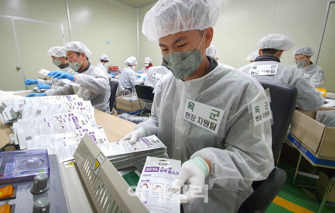 올해 3월 인천지역 한 마스크 생산업체에서 육군 장병들이 포장작업을 지원하고 있다. [사진=육군]