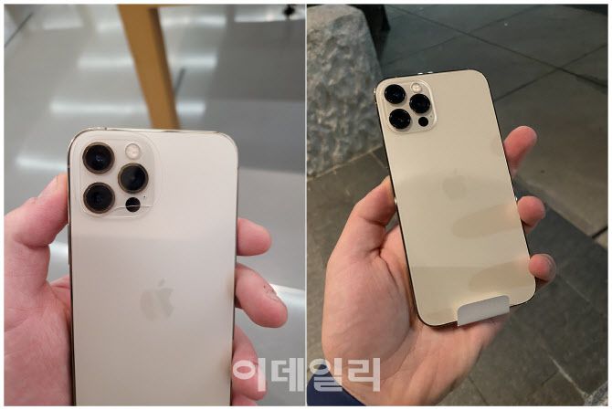 별다른 이유 없이 아이폰12 카메라 모듈에 생긴 균열(왼쪽)과 이후 교체해서 받은 새 상품. (사진= 맥스 와인바흐 트위터)