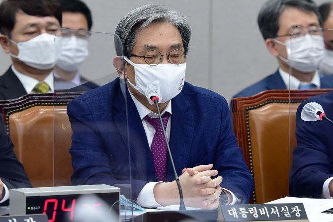 노영민 대통령 비서실장이 4일 국회에서 열린 운영위원회의의 대통령비서실ㆍ국가안보실ㆍ대통령경호처에 대한 국정감사에서 생각에 잠겨 있다.(사진=연합뉴스)