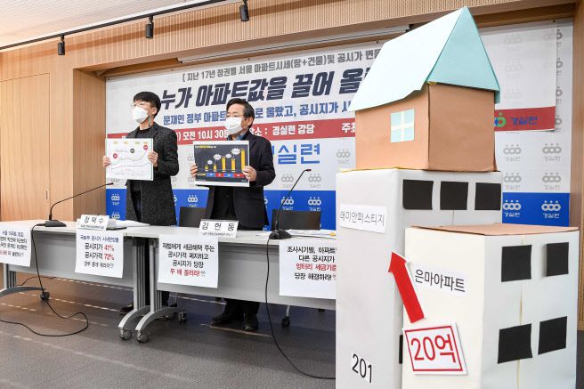 정택수(왼쪽) 경제정의실천시민연합 부동산건설개혁본부 팀장과 김헌동 부동산주거개혁운동본부장이 3일 오전 서울 종로구 경실련 강당에서 열린 정권별 서울 아파트 시세 및 공시가 변동 분석 기자회견에 참석해 피켓을 들고 있다. (사진=뉴시스)