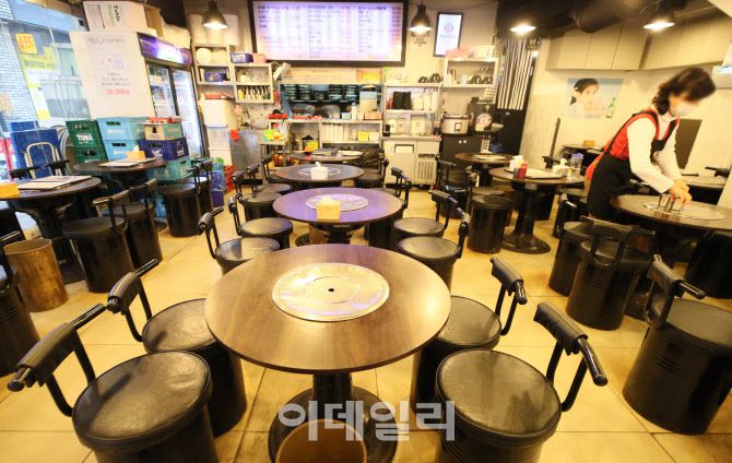 서울·경기·인천 등 수도권 지역에서 열흘간 5인 이상의 집합금지 행정명령을 하루 앞둔 22일 오후 서울 중구 한 식당에 테이블의 간격을 띄워 4개의 의자를 배정해 놨다. (사진=이영훈 기자)