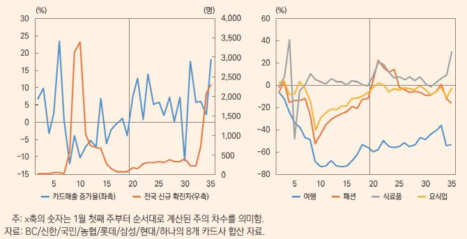 코로나19 확진자 수 및 카드매출 증가율(왼쪽)과 업종별 매출액 증가율. 업종별 매출액 증가를 보면 식료품 등에 비해 여행의 경우 매출액 감소세를 이어갔다. KDI 제공