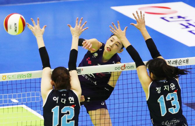 김연경(흥국생명)이 29일 경기도 수원실내체육관에서 열린 프로배구 V리그 여자부 현대건설 힐스테이트와 경기에서 상대 수비를 피해 스파이크하고 있다. (사진=연합뉴스)