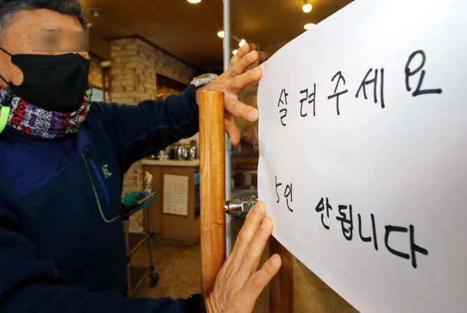 정부가 지난 31일 현재의 거리두기 단계(수도권 2.5단계, 비수도권 2단계)와 방역기준을 설 연휴가 끝날 때까지 2주간 연장 한다고 발표한 가운데 1일 대전 서구에 위치한 식당에서 업주가 ‘5인 안됩니다’라는 안내문을 붙이고 있다.