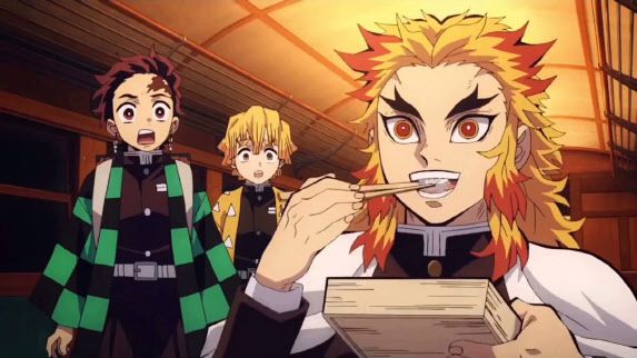 젠이츠(가운데)는 렌고쿠가 귀살대 기둥인 ‘주‘가 아니라 그냥 걸신들린 사람 아니냐고 의심한다. (사진=귀멸의 칼날 홈페이지