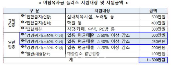 버팀목자금 플러스 지원대상 및 금액. (자료=중기부)