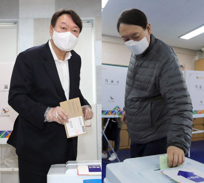 지난 2일 4·7 서울시장 보궐선거 사전투표소에서의 윤석열 전 검찰총장(왼쪽)과 제21대 국회의원선거일인 지난해 4월 15일 당시 윤석열 검찰총장이 서울 서초구 원명초등학교의 투표소에서 투표하는 모습. (사진=이데일리 이영훈 기자, 뉴스1)