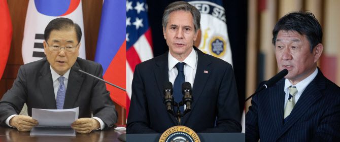 (왼쪽부터) 정의용 외교부 장관, 토니 블링컨 미국 국무부 장관, 모테기 도시미쓰 일본 외무상 (사진=이데일리, AFP )