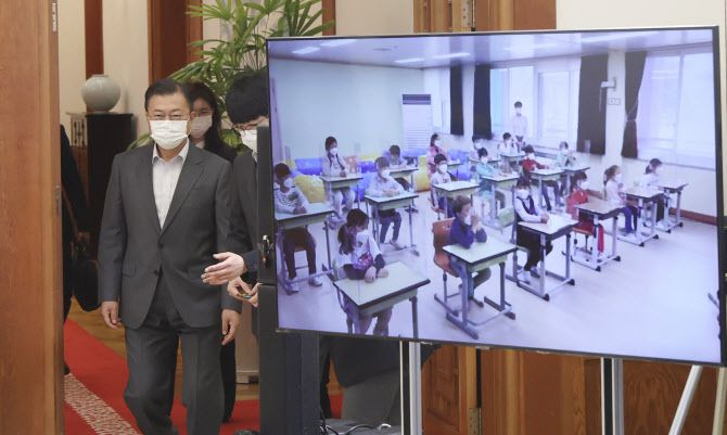 문재인 대통령이 지난 4일 제99회 어린이날을 맞아 청와대에서 열린 어린이 랜선 초청 만남에 입장하고 있다. (사진=연합뉴스)