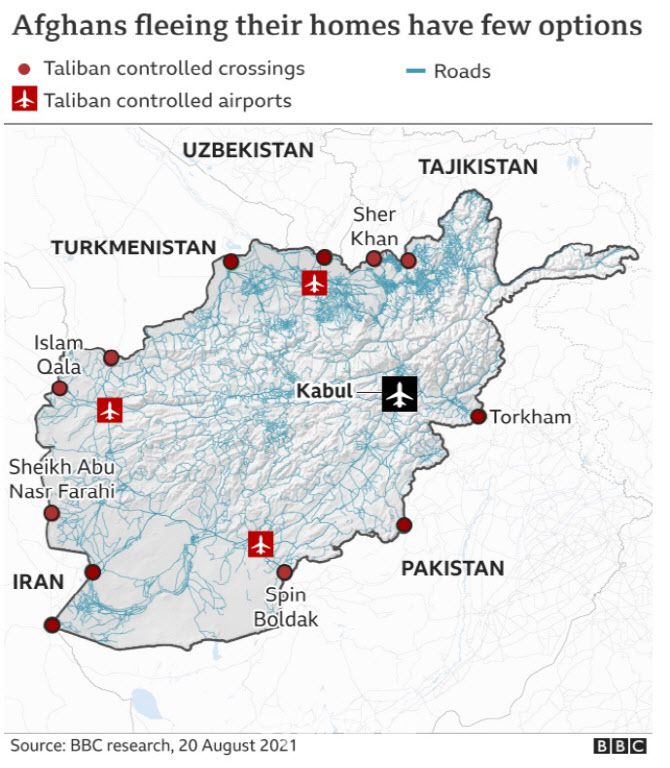 탈레반이 아프가니스탄을 장악하며 ‘아프간 엑소더스(대탈출)’가 이어지는 가운데 세계 각국이 상반된 난민 정책을 발표하고 있다. 사진 속 빨간점은 탈레반이 장악한 국경지역이다.(사진= BBC 캡처)