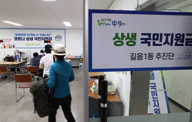 10일 오전 서울 성북구 길음1동 주민센터에서 시민들이 코로나 상생 국민지원금 상담을 위해 창구로 향하고 있다(사진=연합뉴스).