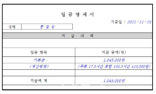 별도 수당.공제내역 없는 시급.일급제인 경우 작성사례(자료=고용노동부)
