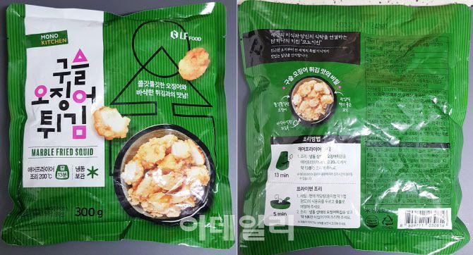 LF푸드 모노키친 ‘구슬 오징어튀김’ 제품 패키지.(사진=김범준 기자)