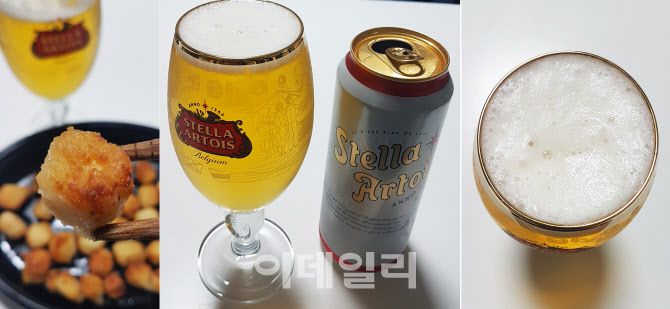 스텔라 아르투아를 전용잔 ‘멋진 한 잔’ 캠페인 리미티드 에디션 챌리스에 따라 구슬 오징어게임을 안주 삼아 마신다. 모든 맥주가 그렇듯 개별 전용잔에 담아 시원하게 마실 때가 제일 맛있다.(사진=김범준 기자)