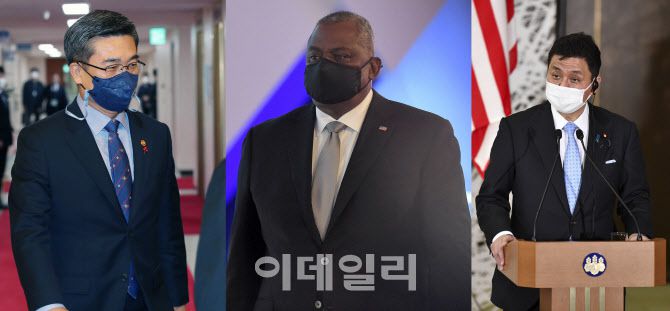 왼쪽부터 서욱 국방장관, 로이드 오스틴 국방장관, 기시 노부오 방위상.(사진= 뉴스1, AFP)