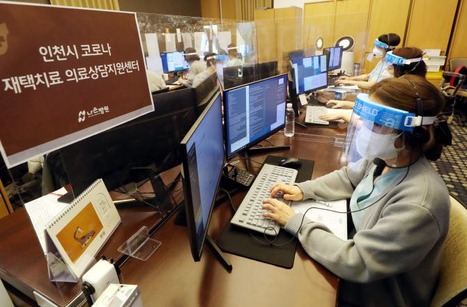 정부가 신종 코로나바이러스 감염증(코로나19) 새 재택치료 체계를 가동한 10일 오전 인천시 서구 나은병원 코로나19 재택치료 상담센터에서 의료진 등이 분주하게 상담을 진행하고 있다. (사진=연합뉴스)