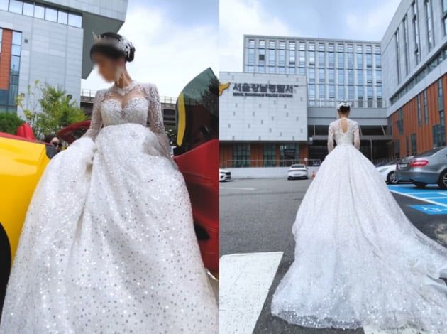 지난 17일 웨딩드레스 차림으로 경찰서에 들어가는 모습을 SNS에 올린 A씨. (사진=SNS 캡처)