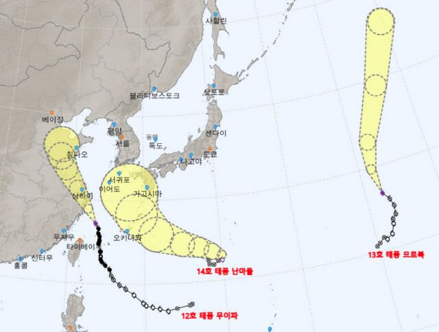 12호 태풍 무이파·13호 태풍 므르복·14호 태풍 난마돌 이동 예상 경로(사진=기상청)