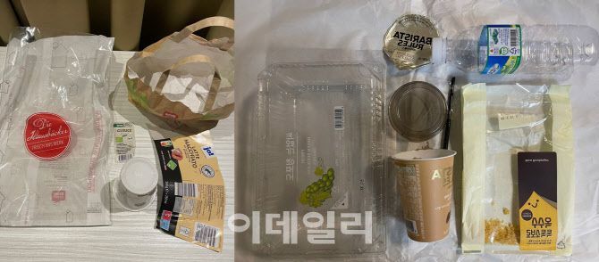 한국(오른쪽)과 독일(왼쪽)의 대형마트에서 동일한 5개 품목(오이, 포도, 생수, 빵, 인스턴트 커피)을 구매한 후 발생한 폐기물이다. 최대한 포장재가 간편한 제품을 우선으로 골랐다. 플라스틱류 폐기물은 독일이 2개, 한국이 6개였다. 우리나라에선 커피 포장재에 따라오는 빨대와 뚜껑(마개)이 더해지면서 구매한 물품개수보다 플라스틱 쓰레기수가 더 늘었다. 독일에선 구매한 빈 생수병을 반납하고 보증금 0.25유로를 돌려받았다.