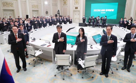 윤석열 대통령이 30일 오후 청와대 영빈관에서 김주현 금융위원장, 이복현 금융감독원장 등이 참석한 가운데 열린 금융위원회 업무보고에서 국기에 경례하고 있다. (사진=대통령실통신사진기자단, 연합뉴스)