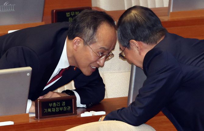 한덕수(오른쪽) 국무총리와 추경호 경제부총리 겸 기획재정부 장관이 7일 오후 서울 여의도 국회에서 열린 제430회국회(임시회) 제3차 본회의 경제분야 대정부질문에서 대화하고 있다.(사진=노진환 기자)