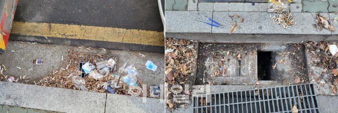 지난달 22일 서울 용산구 한 도로 배수구 주변을 정화하며 담배꽁초들을 수거한 모습.(사진=김범준 기자)