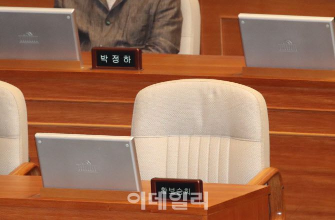 불법 정치자금 수수 혐의로 ‘탈당설’이 나오고 있는 황보승희 국민의힘 의원이 19일 서울 여의도 국회 본회의에 불참해 자리가 비어있다. (사진=이데일리 노진환 기자)