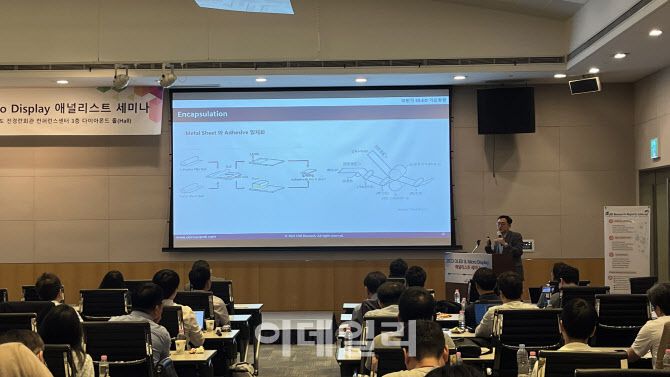한창욱 유비리서치 연구위원이 5일 서울 여의도 전경련회관에서 열린 ‘2023 OLED&마이크로디스플레이’ 세미나에 참석해 발표하고 있다. (사진=김응열)