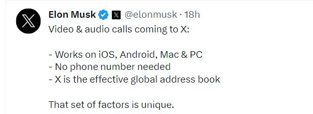 일론 머스크 최고경영자(CEO)가 자신의 X 계정에 영상과 음성 통화 기능 도입 계획이 담긴 게시글을 올렸다.(사진=X 갈무리)